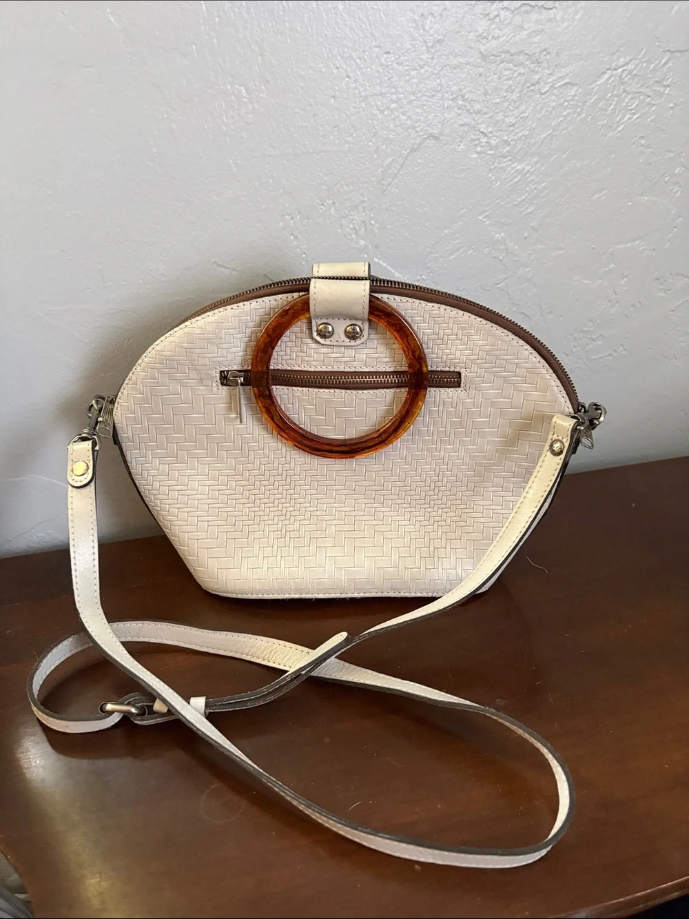 Patricia Nash White Woven Satchel with Tortoiseshell Ring Handle and Scarf